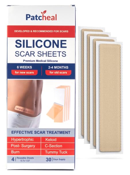 Patcheal™ 4 Pcs Silicone Scar Removal Sheets 5.7" x 1.57", Scar Prevention and Treatment, Fast & Effective on C-section,Surgical Scars Keloids, Reusable and Washable