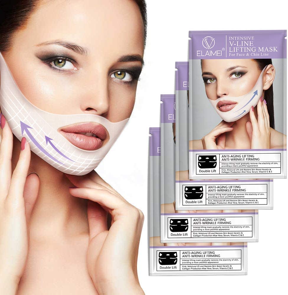 Boxania® 4 Packs Double Up V Lifting Mask, Double Chin Reducer Sleeping Mask Facial V Shaped Slimming Face Mask for Firming and Tightening Skin Peel Off Masks Skin Care for Women