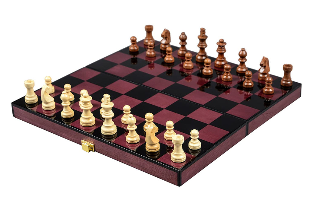 Boxania Wooden Non Magnetic Foldable High Gloss Finish Handcrafted Pieces Chess Board Game Set (Rosewood)