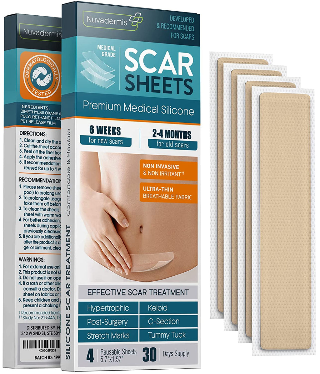 NUVADERMIS ORIGINAL Silicone Scar Sheets, Tape, Strips - USA Tested - Healing Keloid, C-Section, Tummy Tuck - As Surgical Cream, Gel, Patch, Bandage, Pad - Surgery Scars Treatment - 4 Pack 5.7"x1.57"