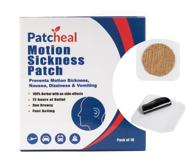 Patcheal™ Motion Sickness Patch,Relieves Car Travel sickness Prevents Nausea, Dizziness and Vomiting, All Natural, No side effects - Pack of 10 Patches