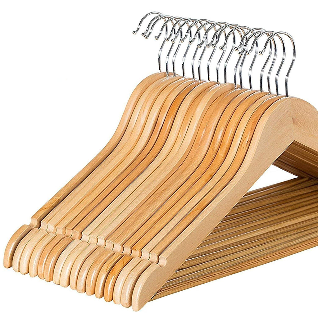 Solid Wood Suit Hangers - 20 Pack - with Non Slip Bar and Precisely Cut Notches - 360 Degree Swivel Chrome Hook - Natural Finish Super Sturdy and Durable Wooden Hangers