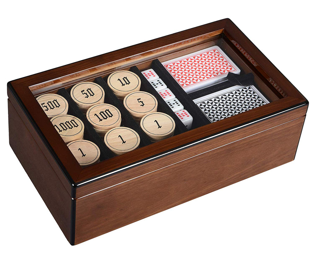 Boxania Premium Poker Set with Wooden Chips and Playing Cards in High Gloss Finish Box of British Walnut Color