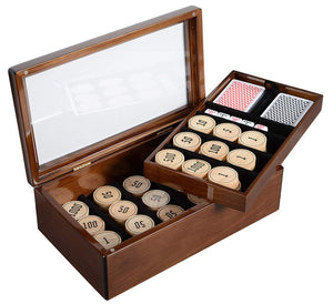 Boxania Premium Poker Set with Wooden Chips and Playing Cards in High Gloss Finish Box of British Walnut Color