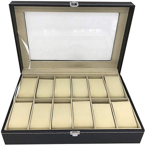 Boxania Leatherette Watch Storage Box Display Case Organizer with Finish and Glass Window with 12 Slots