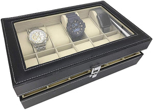 Boxania Leatherette Watch Storage Box Display Case Organizer with Finish and Glass Window with 12 Slots